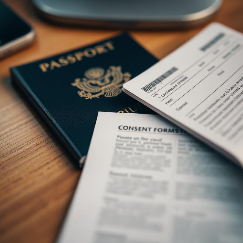 A passport, boarding pass and travel consent form