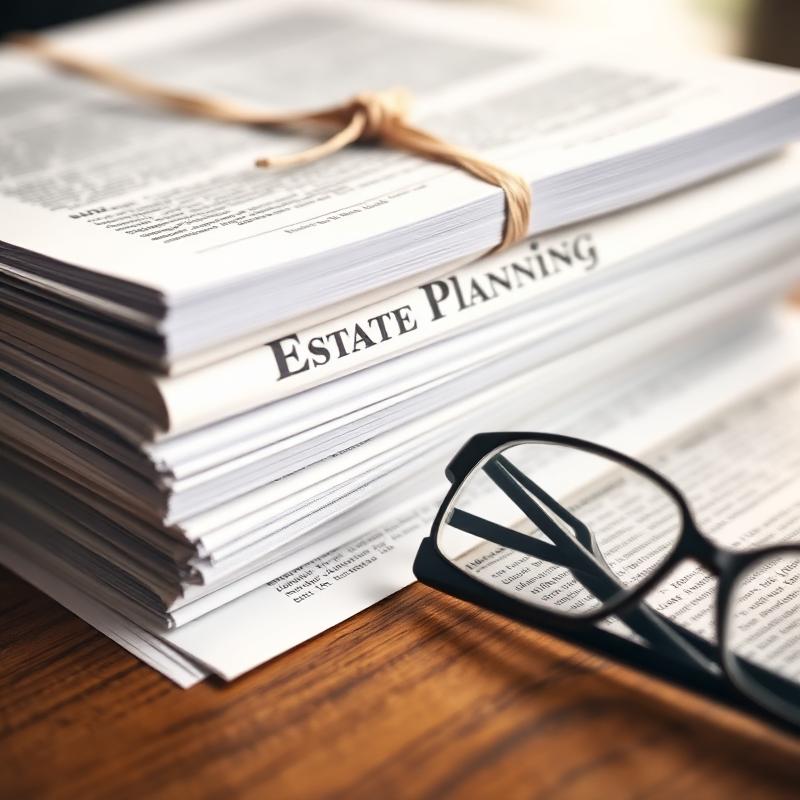 A bundled stack of estate planning documents with reading glasses